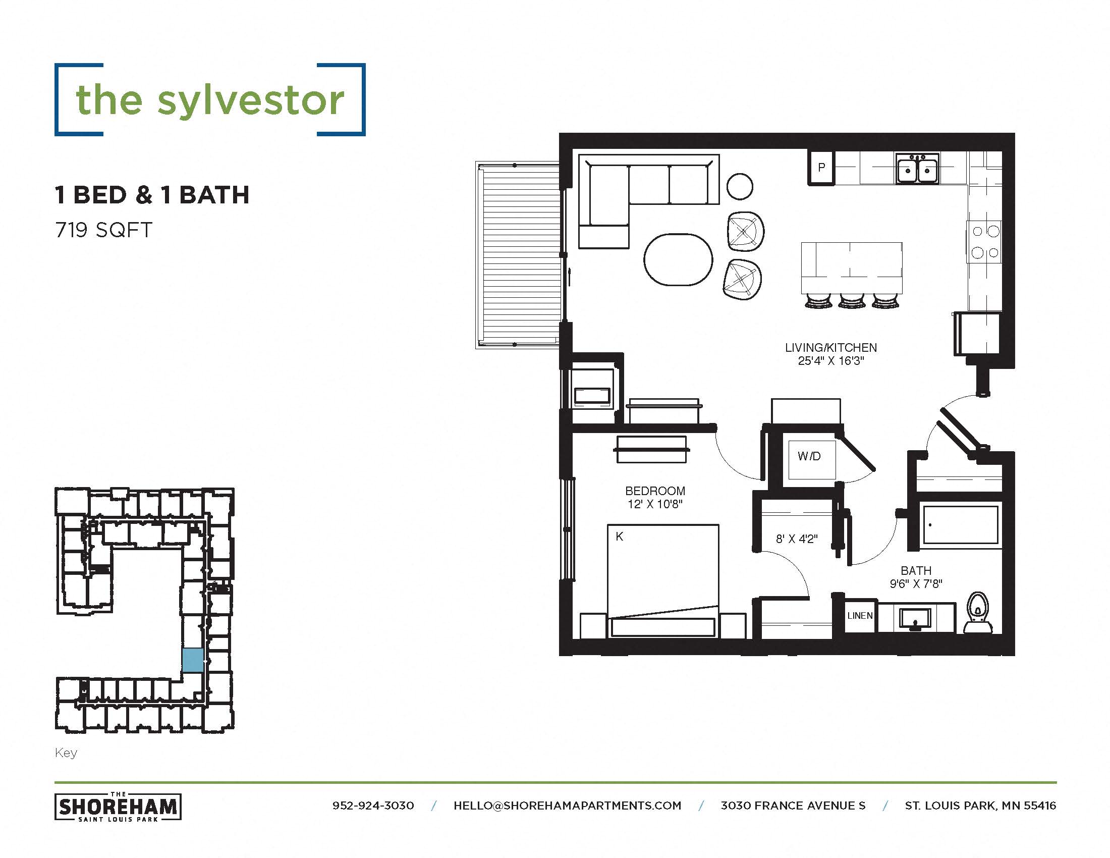 Floor plan for 1 bed, 1 bath, 719 sqft